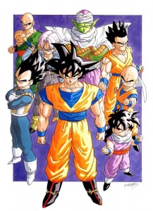 De gauche à droite : Vegeta, Ten Shin Han, Trunks, Son Goku, Piccolo, Yamcha, Son Gohan, Krilin