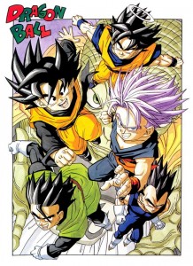 De gauche à droite : Son Goten, Son Gohan, Trunks, Son Goku et Vegeta durant l'arc de Buu