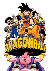 De gauche à droite : Trunks, Mr Satan, Vegeta, C-18, Son Goku, Krilin, Son Gohan, Piccolo, Son Goten et Buu en bas