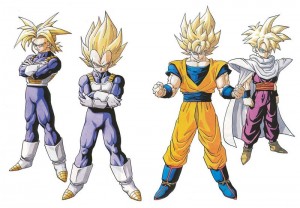 Trunks, Vegeta, Goku et Gohan en mode Super Saiyan durant le Cell Game